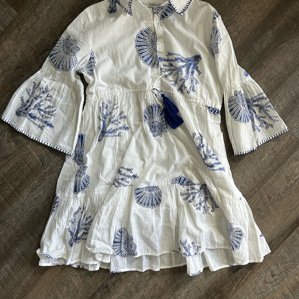 White & Navy Shell Print Cotton Dress